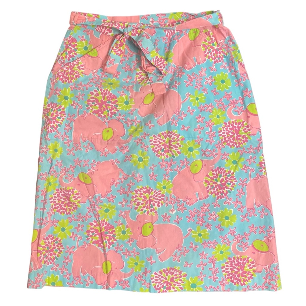 Lilly Pulitzer Elephant Floral Print Wrap Skirt Pink Green Blue Size 4 Pockets